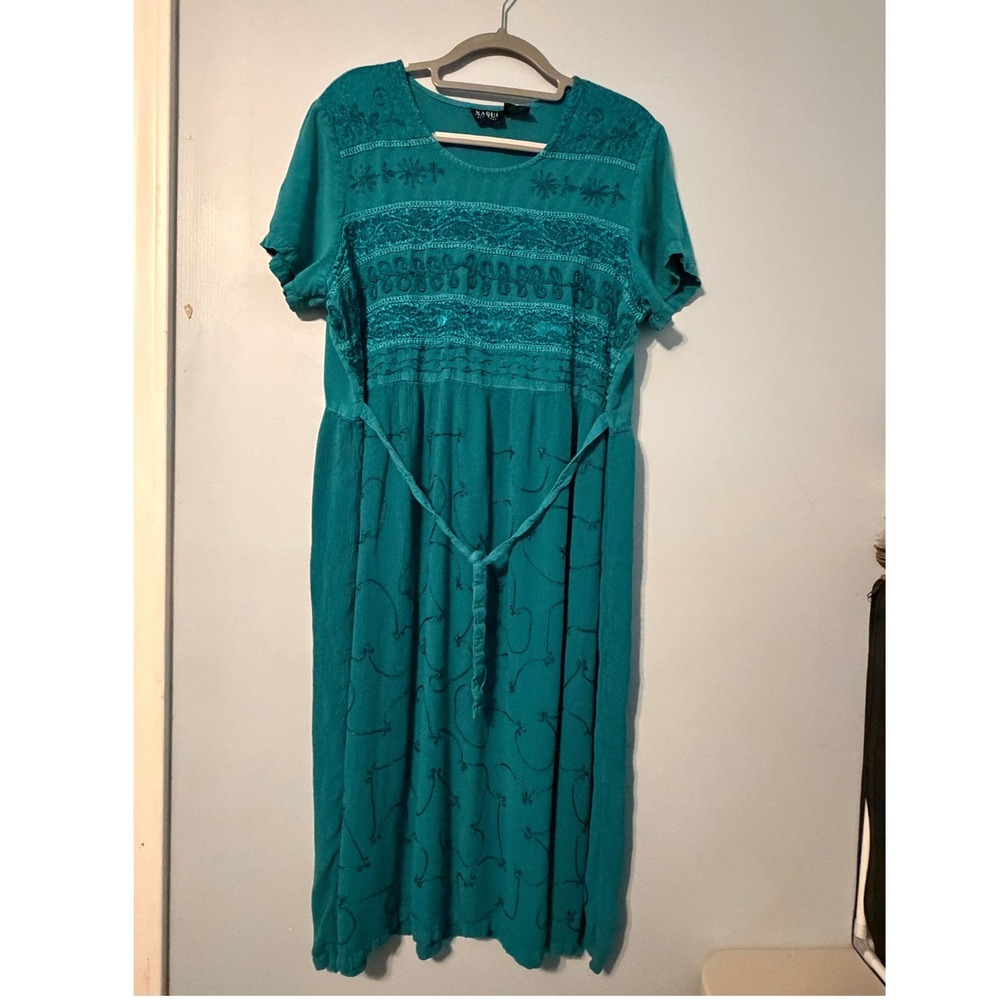 Naqui 2X New York Teal Green Embroidered Lace Rayon Midi Dress 2129